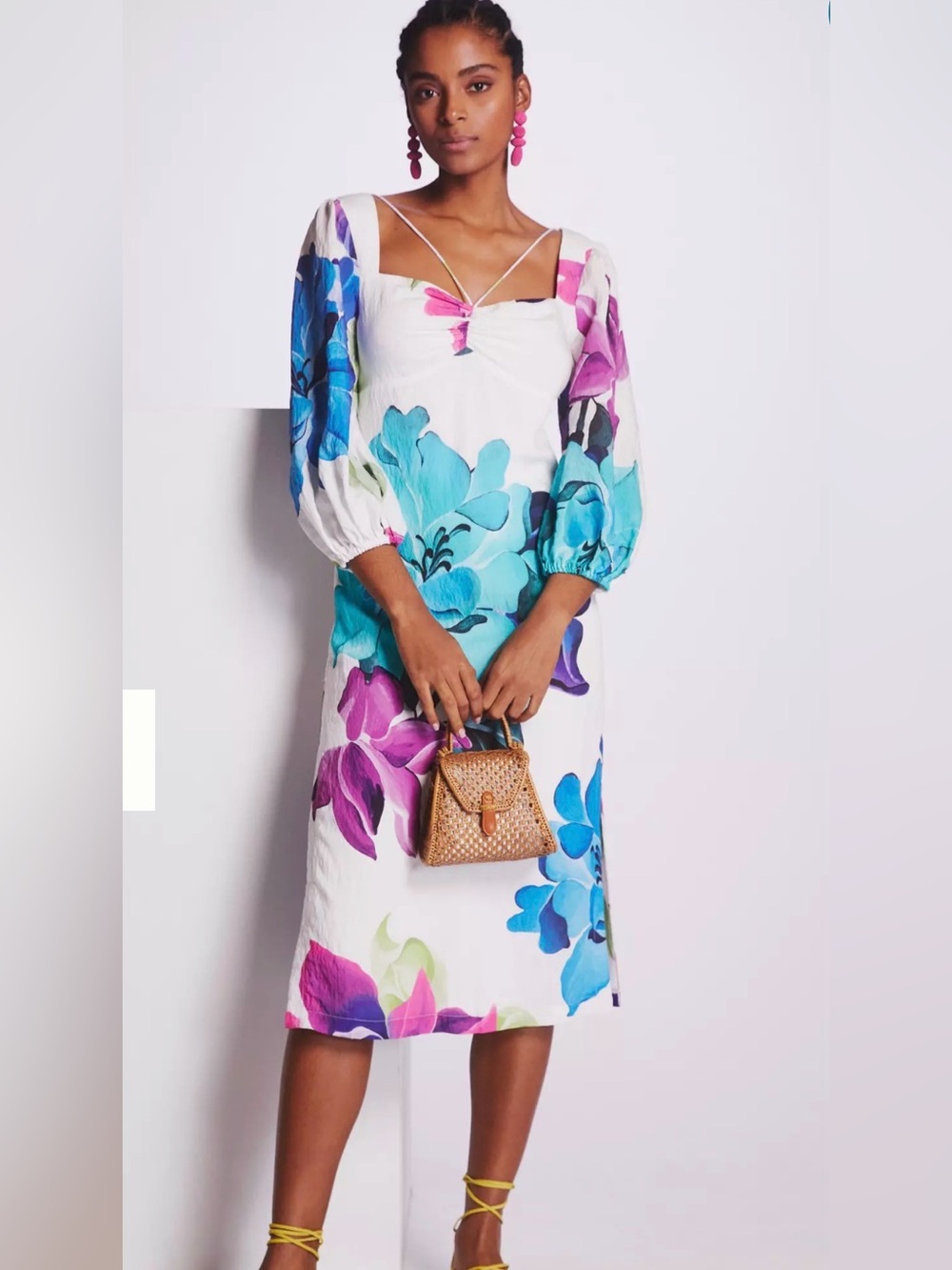 Maeve Printed Floral Puff-Sleeve Midi Dress Size 12